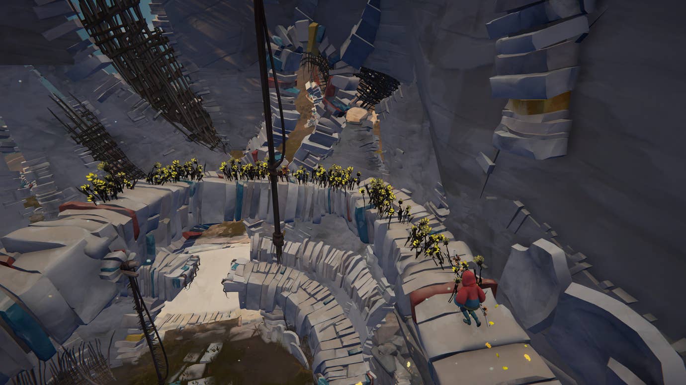 A boy running around a spiralling series of drystone paths inside a curved stone structure, from Herdling.